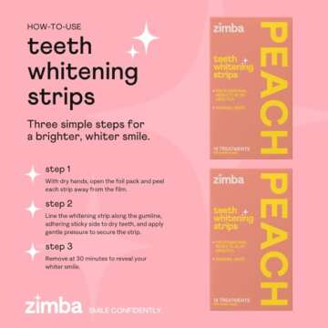 Zimba Teeth Whitening Strips Vegan Whitening Strip Enamel Safe Teeth Whitening Hydrogen Peroxide Teeth Whitener for Coffee, Wine, and Other Stains, 28 Strips (14 Day Treatment), Peach