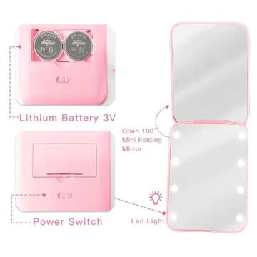 Aganmi Trendy Mothers Day Birthday Gifts for Mom Travel Pocket Mirror with Lights Pink 1X/2X Magnification LED Compact Mirror, Small Folding Handheld Makeup Mirror Mom Nurses Gifts for Women (C)