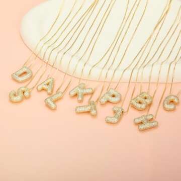 TZPI 18K Bubble Letter Necklace Gold for Women, Initial Necklaces Rhinestone Chunky Bubble Letter Necklace for Her, Charm Puff Name Pendant Alphabet Necklaces Non Tarnish Gold Plated Jewelry