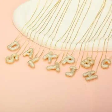 TZPI 18K Bubble Letter Necklace Gold for Women, Initial Necklaces Rhinestone Chunky Bubble Letter Necklace for Her, Charm Puff Name Pendant Alphabet Necklaces Non Tarnish Gold Plated Jewelry