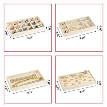 Ptaedex Stackable Velvet Jewelry Trays Organizer for Drawers, Small Jewelry Drawer Organizer Display Tray for Earring Ring Watch Bangle Bracelet Necklace, Set of 4, Beige