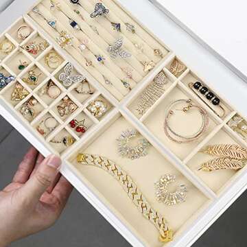 Ptaedex Stackable Velvet Jewelry Trays Organizer for Drawers, Small Jewelry Drawer Organizer Display Tray for Earring Ring Watch Bangle Bracelet Necklace, Set of 4, Beige