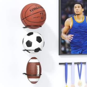 jockcaras Basketball Holder Wall Mount: 4 pcs Ball Wall Mount for Display, Ball Wall Storage Rack fo...