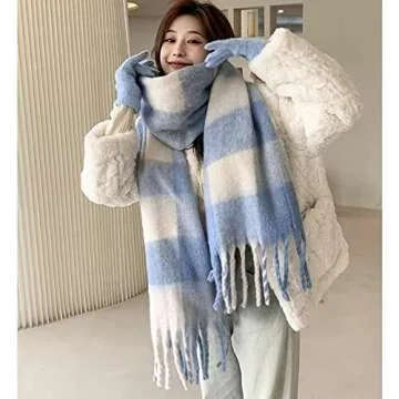 OUNIYA Large Chunky Plaid Scarf Checked Colorful Oversized Scarves Soft Big Cashmere Wool Thick Winter Warm Blanket Women (Blue White)