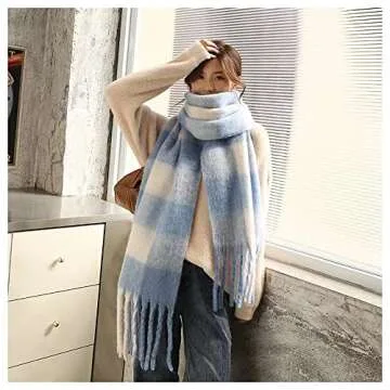 OUNIYA Large Chunky Plaid Scarf Checked Colorful Oversized Scarves Soft Big Cashmere Wool Thick Winter Warm Blanket Women (Blue White)