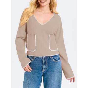 Saodimallsu Women's Trendy Cropped V Neck Sweater - Soft Knit Style for All Seasons