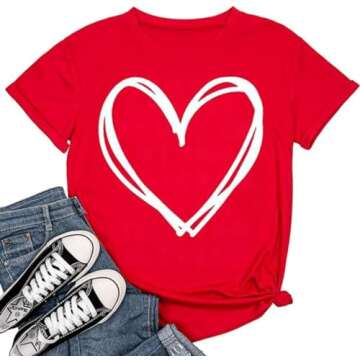 Beopjesk Womens Valentine's Day Graphic Tees Short Sleeve Heart Printed Shirts Blouse Tops (L, Red 1...