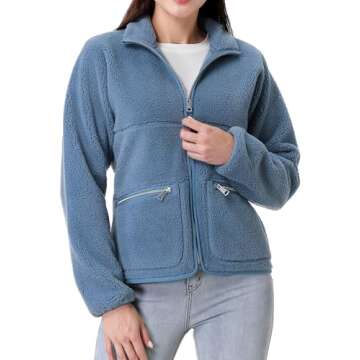 GIMECEN Women's Fuzzy Fleece Jacket Long Sleeve Zip Up Sherpa Coat Soft Polar Outerwear with Zipper Pockets