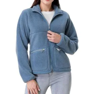 GIMECEN Women's Fuzzy Fleece Jacket Long Sleeve Zip Up Sherpa Coat Soft Polar Outerwear with Zipper Pockets