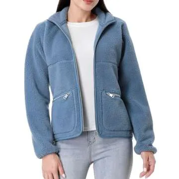 GIMECEN Women's Fuzzy Fleece Jacket Long Sleeve Zip Up Sherpa Coat Soft Polar Outerwear with Zipper Pockets