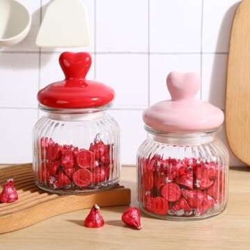 FunouHome Valentines Day Decorations -2 PCS Glass Jars with Ceramic Heart Lid-Valentines Glass Storage for Chocolate Candy Sweets Gift Table Party Centerpieces Decor