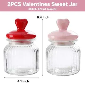 FunouHome Valentines Day Decorations -2 PCS Glass Jars with Ceramic Heart Lid-Valentines Glass Storage for Chocolate Candy Sweets Gift Table Party Centerpieces Decor
