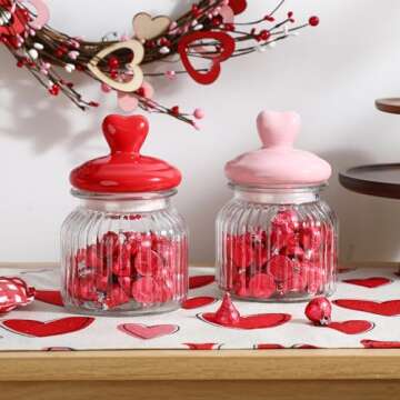 FunouHome Valentines Day Decorations -2 PCS Glass Jars with Ceramic Heart Lid-Valentines Glass Storage for Chocolate Candy Sweets Gift Table Party Centerpieces Decor