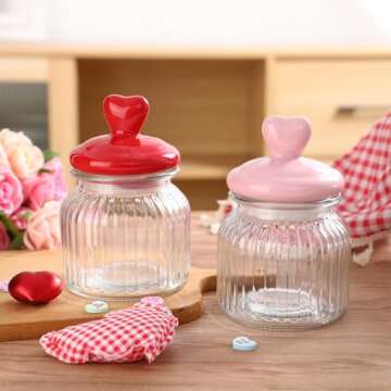 FunouHome Valentines Day Decorations -2 PCS Glass Jars with Ceramic Heart Lid-Valentines Glass Storage for Chocolate Candy Sweets Gift Table Party Centerpieces Decor