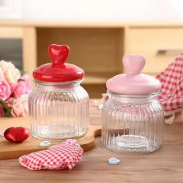 FunouHome Valentines Day Decorations -2 PCS Glass Jars with Ceramic Heart Lid-Valentines Glass Storage for Chocolate Candy Sweets Gift Table Party Centerpieces Decor