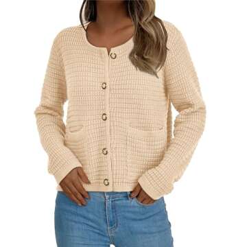 BTFBM Women Cardigan Sweaters Fall Fashion 2024 Button Down Long Sleeve Chunky Knit Open Front Tweed Jacket Outerwear(Solid Beige, Medium)
