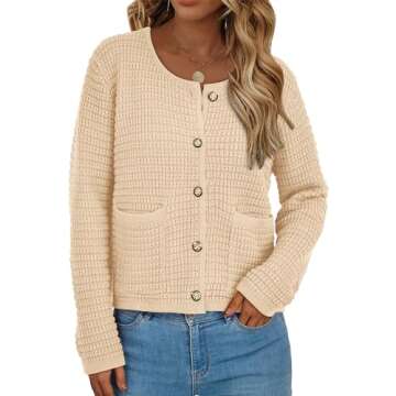 BTFBM Women Cardigan Sweaters Fall Fashion 2024 Button Down Long Sleeve Chunky Knit Open Front Tweed Jacket Outerwear(Solid Beige, Medium)