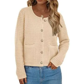 BTFBM Women Cardigan Sweaters Fall Fashion 2024 Button Down Long Sleeve Chunky Knit Open Front Tweed Jacket Outerwear(Solid Beige, Medium)