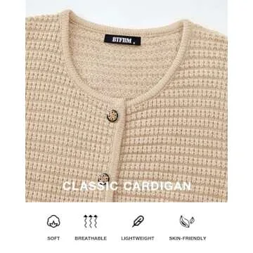BTFBM Women Cardigan Sweaters Fall Fashion 2024 Button Down Long Sleeve Chunky Knit Open Front Tweed Jacket Outerwear(Solid Beige, Medium)