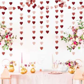 Rose-Gold Pink Burgundy-Red 3D-Heart Garland - 39Ft Valentines Day Party Decorations Hanging Paper Streamers Banner,Engagement Wedding Bachelorette Baby Bridal Shower Decor Ouruola