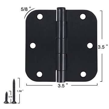 3 Pack Interior Matte Black Door Hinges Rounded 3.5 Inch x 3 1/2" Indoor Heavy Duty Metal Hardware Kits 3 ½" 5/8" Radius Office Flat Hinge for Bifold Doors Decorate Master Guest Bedroom Storage Room