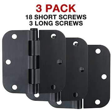 3 Pack Interior Matte Black Door Hinges Rounded 3.5 Inch x 3 1/2" Indoor Heavy Duty Metal Hardware Kits 3 ½" 5/8" Radius Office Flat Hinge for Bifold Doors Decorate Master Guest Bedroom Storage Room