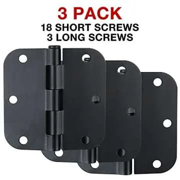 3 Pack Interior Matte Black Door Hinges Rounded 3.5 Inch x 3 1/2" Indoor Heavy Duty Metal Hardware Kits 3 ½" 5/8" Radius Office Flat Hinge for Bifold Doors Decorate Master Guest Bedroom Storage Room
