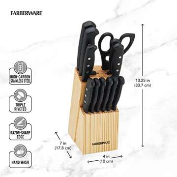 Farberware Triple Rivet High-Carbon Stainless Steel Knife Block and Kitchen Tool Set Precision Cutlery, 22 piece, Black