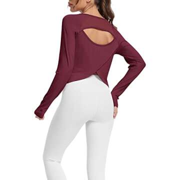 Mippo Womens Long Sleeve Workout Shirts Athletic Shirt Yoga Top Open Back Top Pilates Clothes for Women Wine Red S