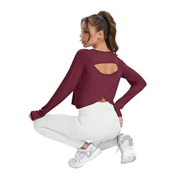 Mippo Womens Long Sleeve Workout Shirts Athletic Shirt Yoga Top Open Back Top Pilates Clothes for Women Wine Red S