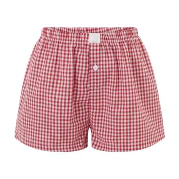 Women Pajamas Shorts Micro Boxer Shorts Y2K Cute Gingham Sleep Lounge Shorts Checkered Plaid Button Pj Mini Shorts (Red, M)