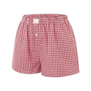Women Pajamas Shorts Micro Boxer Shorts Y2K Cute Gingham Sleep Lounge Shorts Checkered Plaid Button Pj Mini Shorts (Red, M)