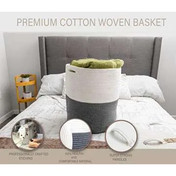 Mevyucr Large Laundry Basket with Lid, Tall Laundry Hamper with Lid, Woven Storage Basket Decorative Cotton Basket for Blankets Clothes Toys Pillows Towels Baby Nursery Bathroom Living Room Kitchen