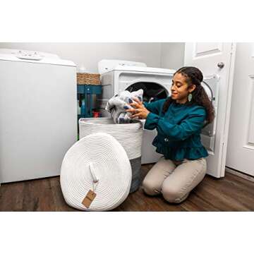 Mevyucr Large Laundry Basket with Lid, Tall Laundry Hamper with Lid, Woven Storage Basket Decorative Cotton Basket for Blankets Clothes Toys Pillows Towels Baby Nursery Bathroom Living Room Kitchen