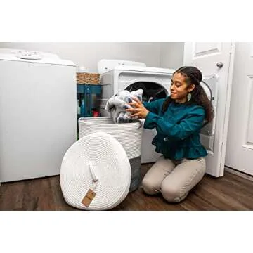 Mevyucr Large Laundry Basket with Lid, Tall Laundry Hamper with Lid, Woven Storage Basket Decorative Cotton Basket for Blankets Clothes Toys Pillows Towels Baby Nursery Bathroom Living Room Kitchen