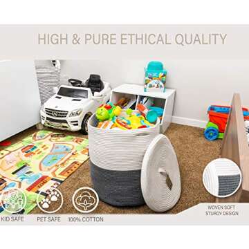 Mevyucr Large Laundry Basket with Lid, Tall Laundry Hamper with Lid, Woven Storage Basket Decorative Cotton Basket for Blankets Clothes Toys Pillows Towels Baby Nursery Bathroom Living Room Kitchen