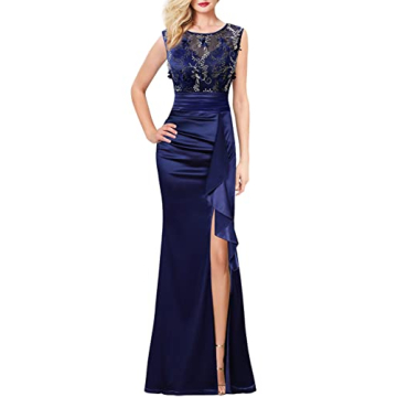 VFSHOW Womens Blue Floral Embroidered Formal Ruched Ruffles High Split Evening Gown Prom Wedding Par...