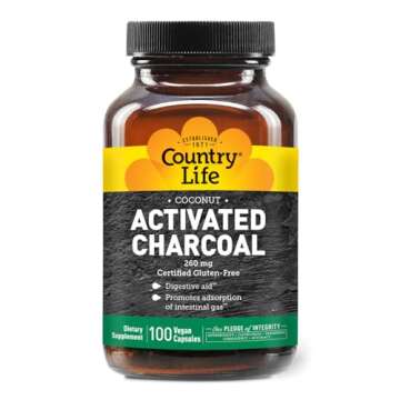 Country Life Activated Charcoal Capsules, 260mg – Natural Charcoal Supplement for Gas and Bloating Relief - Organic Coconut Charcoal, Gluten-Free, Non-GMO, 100 Vegan Capsules