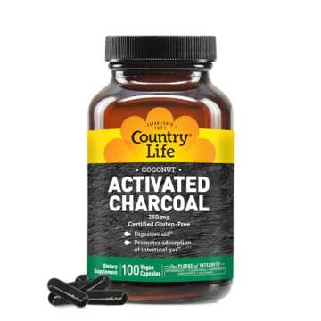 Country Life Activated Charcoal Capsules, 260mg – Natural Charcoal Supplement for Gas and Bloating Relief - Organic Coconut Charcoal, Gluten-Free, Non-GMO, 100 Vegan Capsules