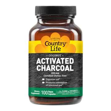 Country Life Activated Charcoal Capsules, 260mg – Natural Charcoal Supplement for Gas and Bloating Relief - Organic Coconut Charcoal, Gluten-Free, Non-GMO, 100 Vegan Capsules