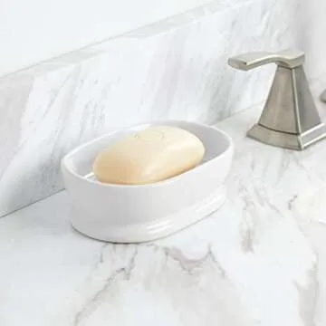 mDesign Decorative Ceramic Bar Soap Dish Tray for Bathroom Vanities, Countertops, Pedestals, Kitchen Sink - Store Hand Soap, Pumice Bars, Sponges, Scrubbers - White