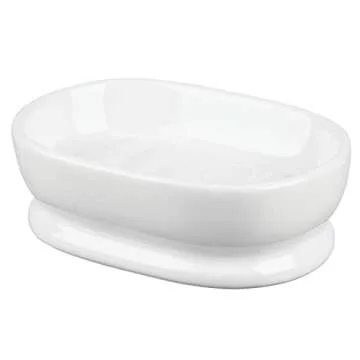 mDesign Decorative Ceramic Bar Soap Dish Tray for Bathroom Vanities, Countertops, Pedestals, Kitchen Sink - Store Hand Soap, Pumice Bars, Sponges, Scrubbers - White