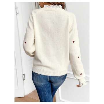 GORGLITTER Women's Heart Lace Valentine Patchwork Pullover Sweater Embellished Long Sleeve Cute Knitwear Sweater Jumper Beige Large