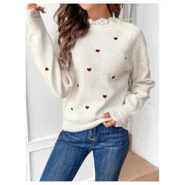GORGLITTER Women's Heart Lace Valentine Patchwork Pullover Sweater Embellished Long Sleeve Cute Knitwear Sweater Jumper Beige Large