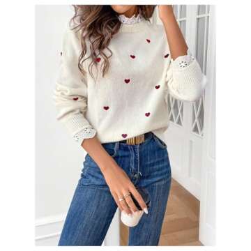 GORGLITTER Women's Heart Lace Valentine Patchwork Pullover Sweater Embellished Long Sleeve Cute Knitwear Sweater Jumper Beige Large
