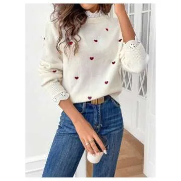 GORGLITTER Women's Heart Lace Valentine Patchwork Pullover Sweater Embellished Long Sleeve Cute Knitwear Sweater Jumper Beige Large