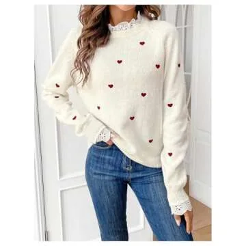 GORGLITTER Women's Heart Lace Valentine Patchwork Pullover Sweater Embellished Long Sleeve Cute Knitwear Sweater Jumper Beige Large