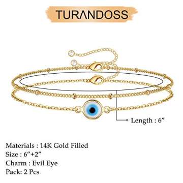 Turandoss Dainty Layered Evil Eye Bracelet - Handmade Gold Jewelry for Women