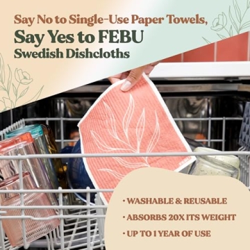 FEBU Swedish Dishcloths for Kitchen | 5 Pack Japanese Reusable Paper Towels Washable | Swedish Dish Towels | Non-Scratch Cellulose Sponge Cloths | No Odor, Biodegradable Cleaning Cloths
