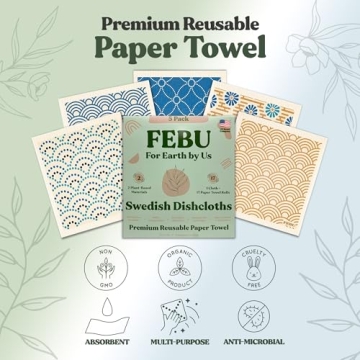 FEBU Swedish Dishcloths for Kitchen | 5 Pack Japanese Reusable Paper Towels Washable | Swedish Dish Towels | Non-Scratch Cellulose Sponge Cloths | No Odor, Biodegradable Cleaning Cloths
